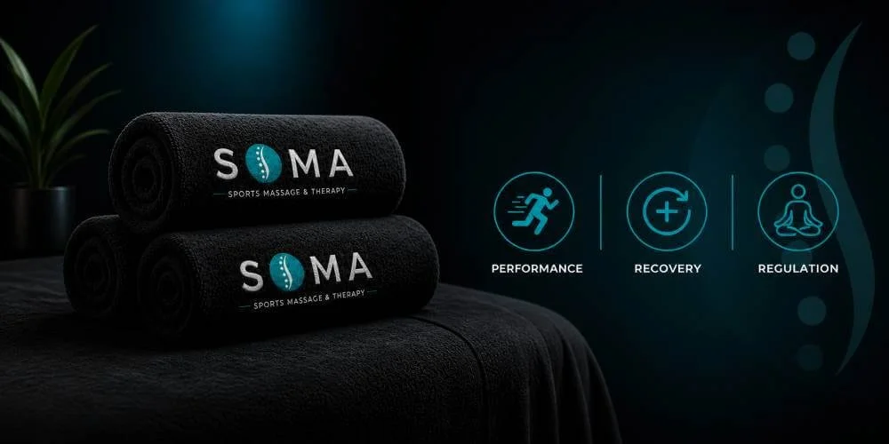 Sports massage and therapy setup with branded towels on treatment table, representing performance, recovery and regulation in Portsmouth