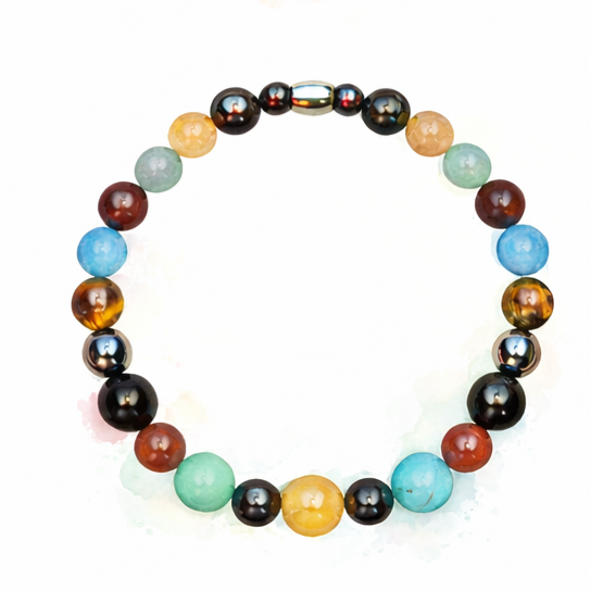 Colorful beaded bracelet with various colored beads including black, brown, yellow, light blue, green, and reddish-orange, arranged in a circle.