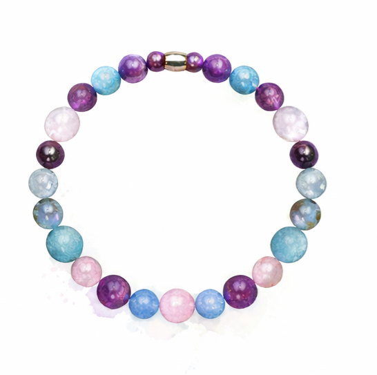 Colorful beaded necklace with purple, blue, pink, and white beads arranged in a circle.