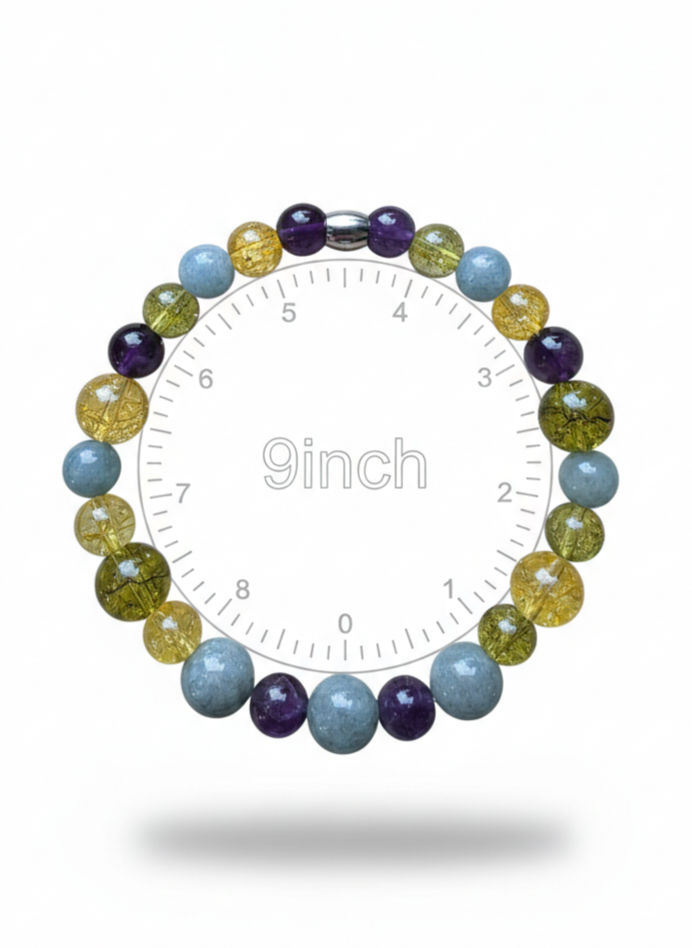 Beaded bracelet with alternating yellow, purple, green, and blue beads, placed above a circular measurement scale marked '9 inch' on a white background.
