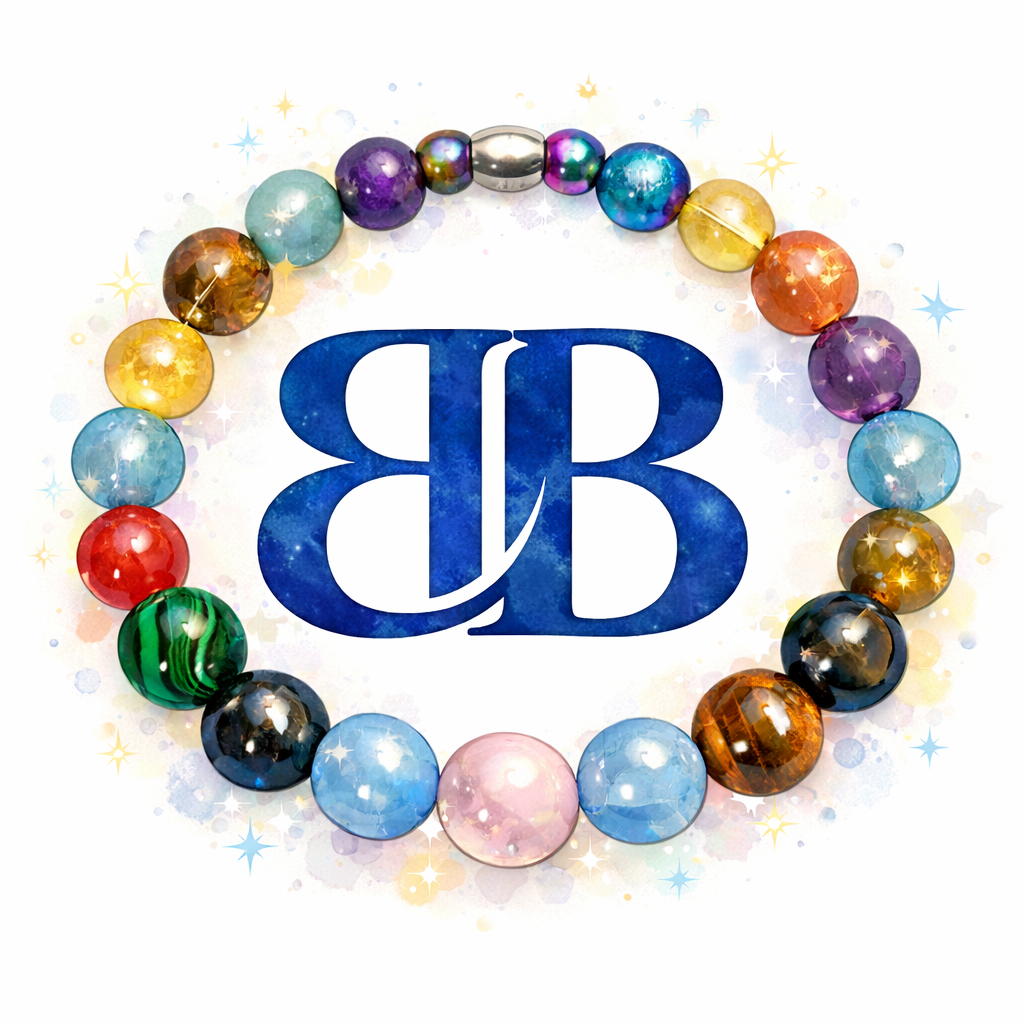 A jewelry bracelet made of colorful, shiny beads surrounds a blue logo with the letters 'BB' on a white background.
