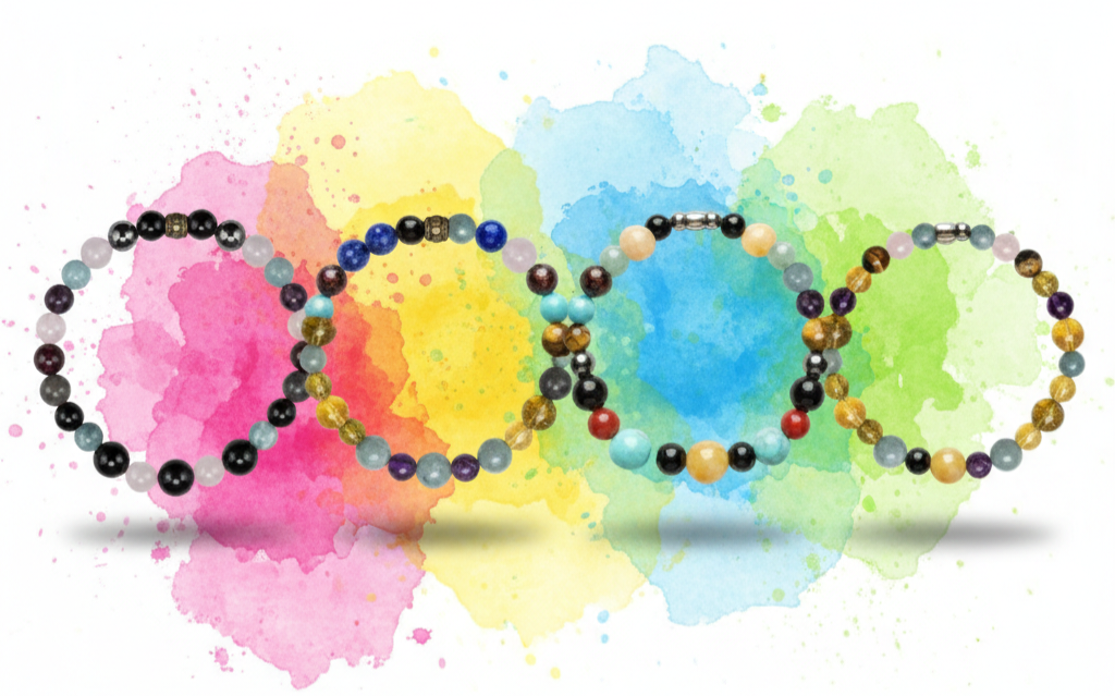 Colorful beaded bracelets arranged in front of a vibrant watercolor background.