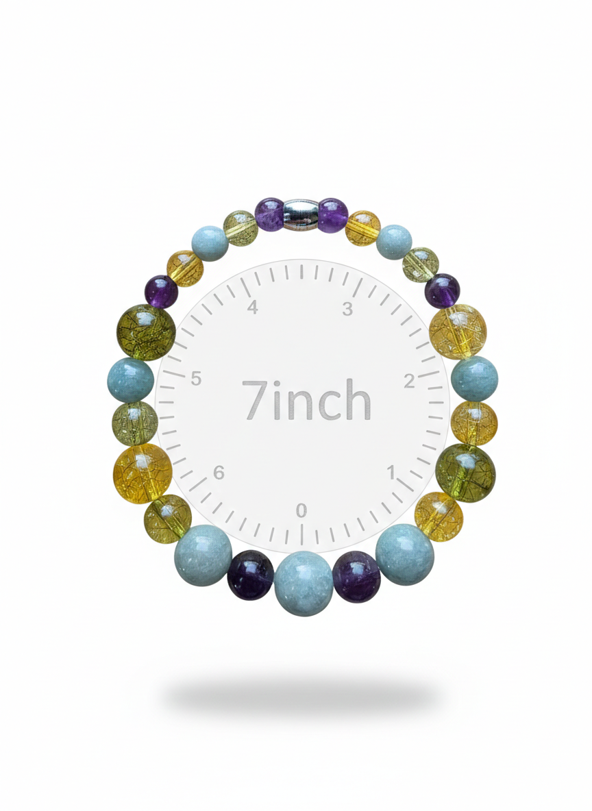 A beaded bracelet with purple, blue, green, and yellow beads, arranged in a circle on a white background, with the text '7 inch' in the center.