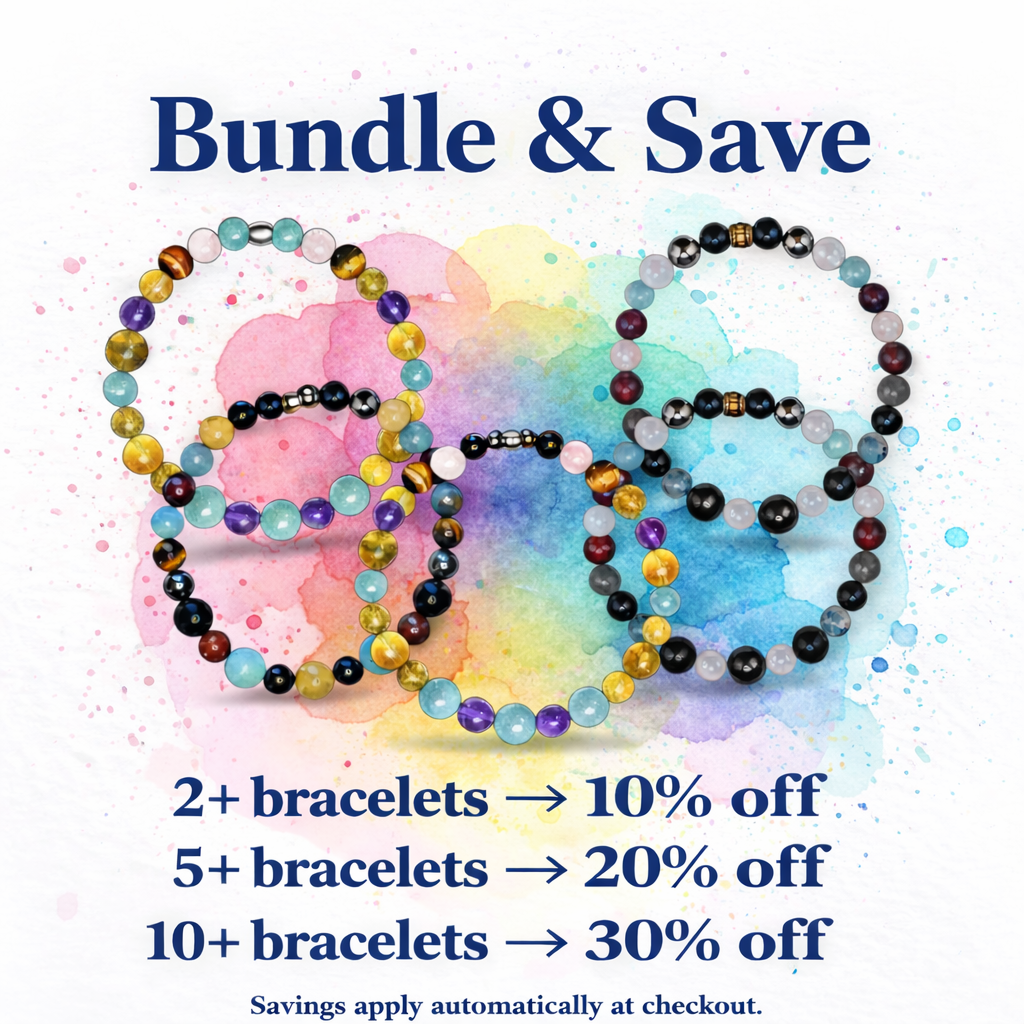 Colorful beaded bracelets on watercolor background with text promoting a bracelet bundle sale with discounts for multiple purchases.