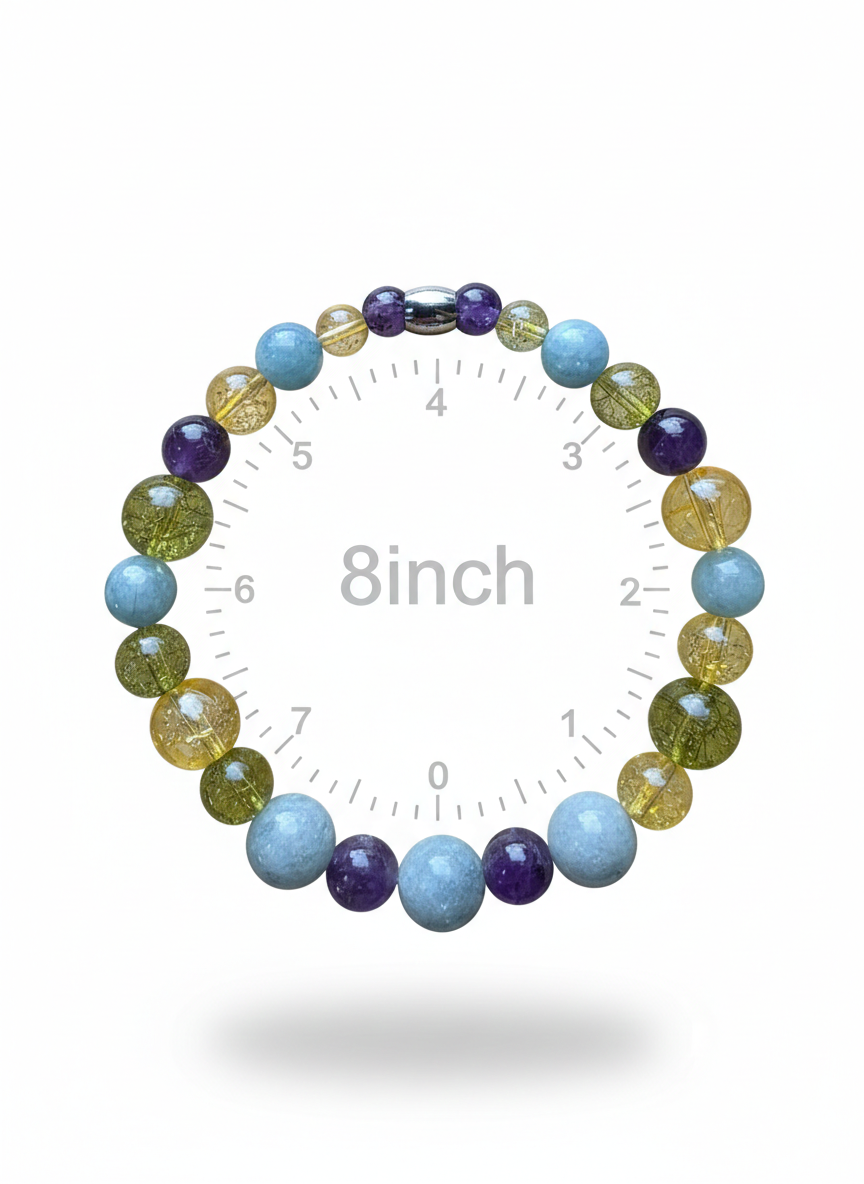 Colorful beaded bracelet with purple, yellow, green, and light blue beads, positioned around a white background with measurement markings indicating an 8-inch size.