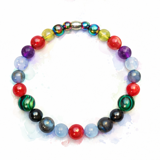 Colorful beaded bracelet with various colored round beads on a white background.