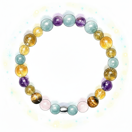 Colorful beaded bracelet with beads in shades of purple, blue, yellow, pink, and metallic, arranged in a circular pattern.