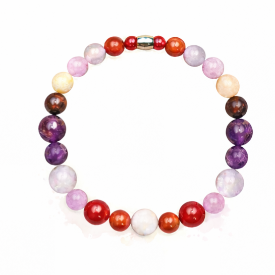 Colorful beaded bracelet with red, purple, white, pink, yellow, and orange beads on a white background.