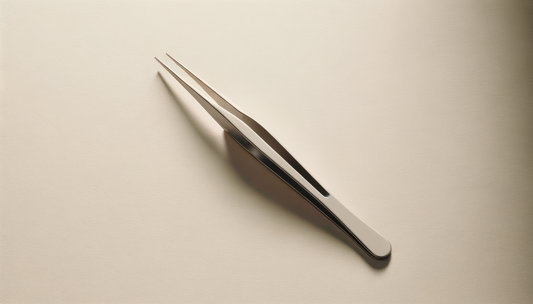 Close-up of metallic tweezers on a beige textured background, with soft shadows.