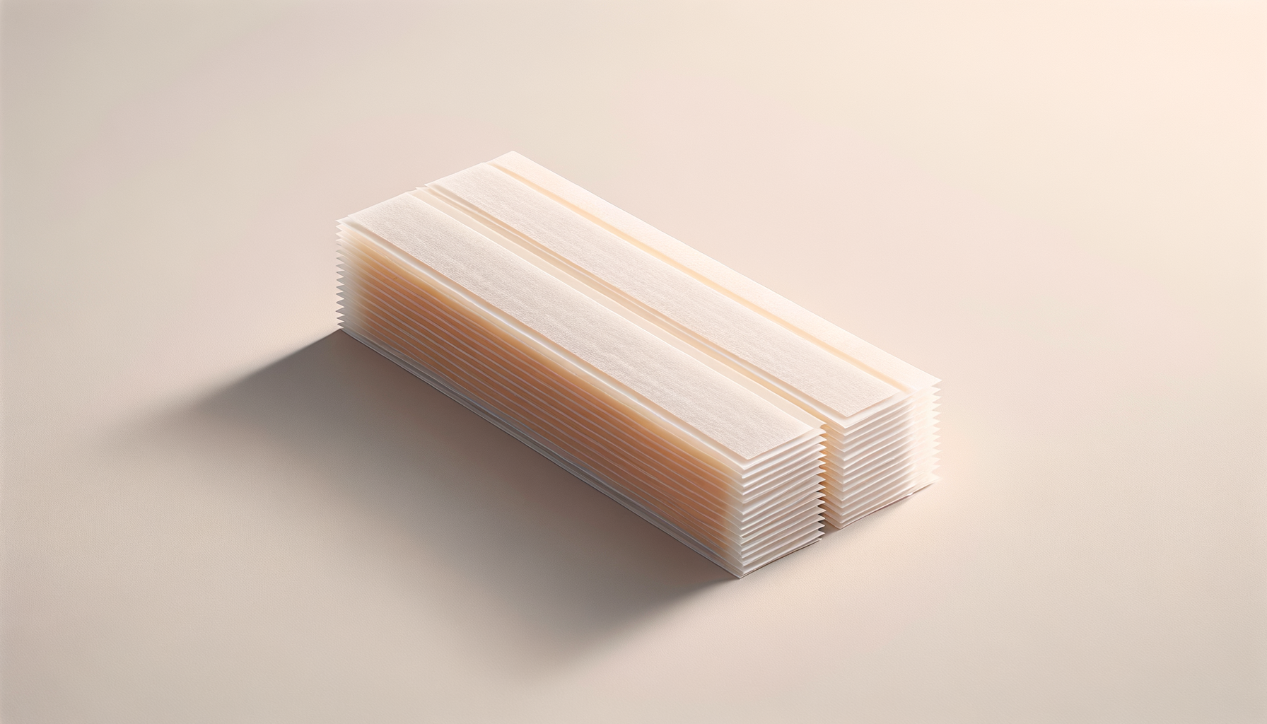 Stack of five adhesive bandages on a beige surface with a shadow cast on the left side.