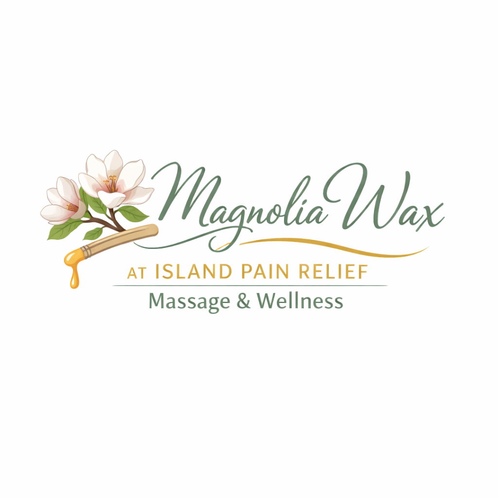 Logo for Magnolia Wax at Island Pain Relief, featuring magnolia flowers and a wax dipper.
