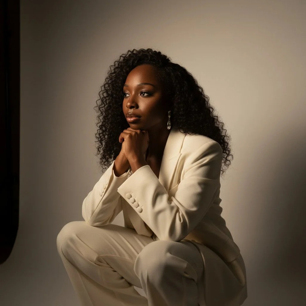 Portrait of a woman with curly hair, wearing a white suit and earrings, sitting with her chin resting on her hand against a neutral background.