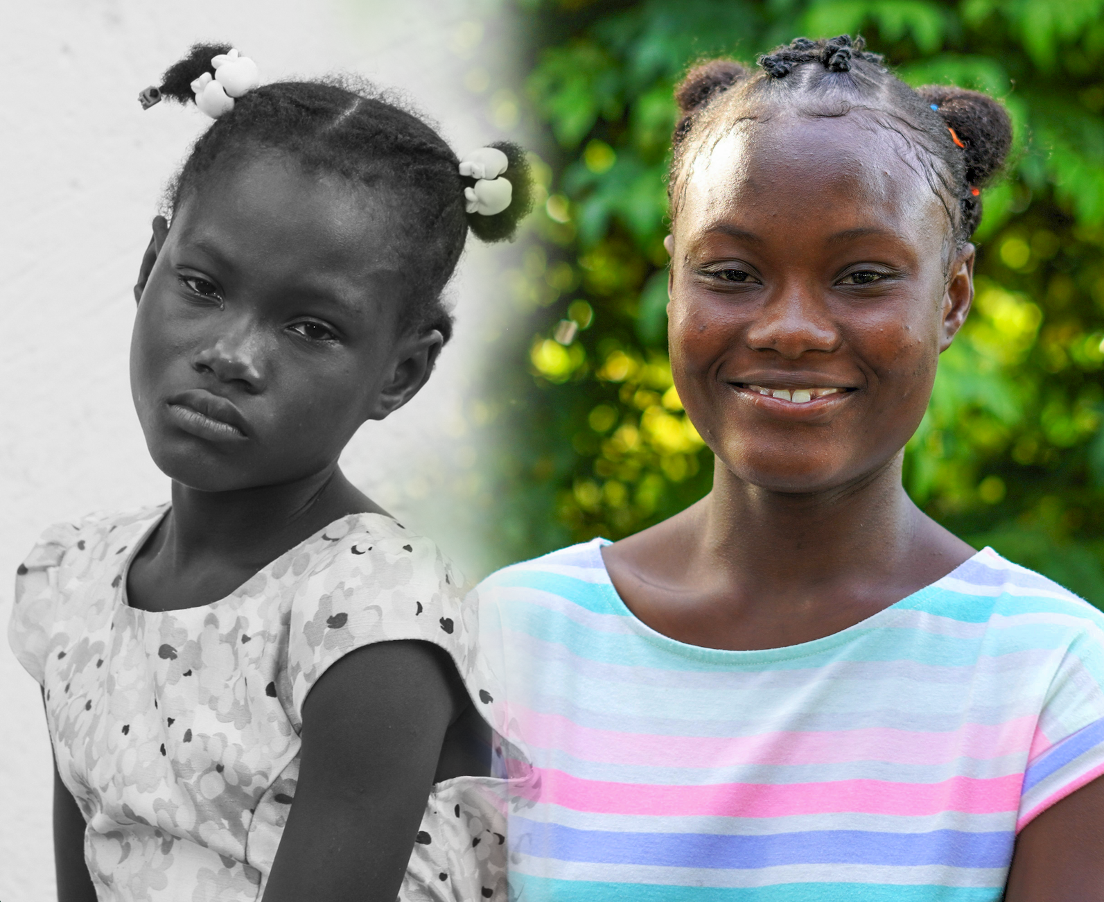 young Haitian girl before and after being found. In the past she was young and sad, but now, she is growing up and smiling