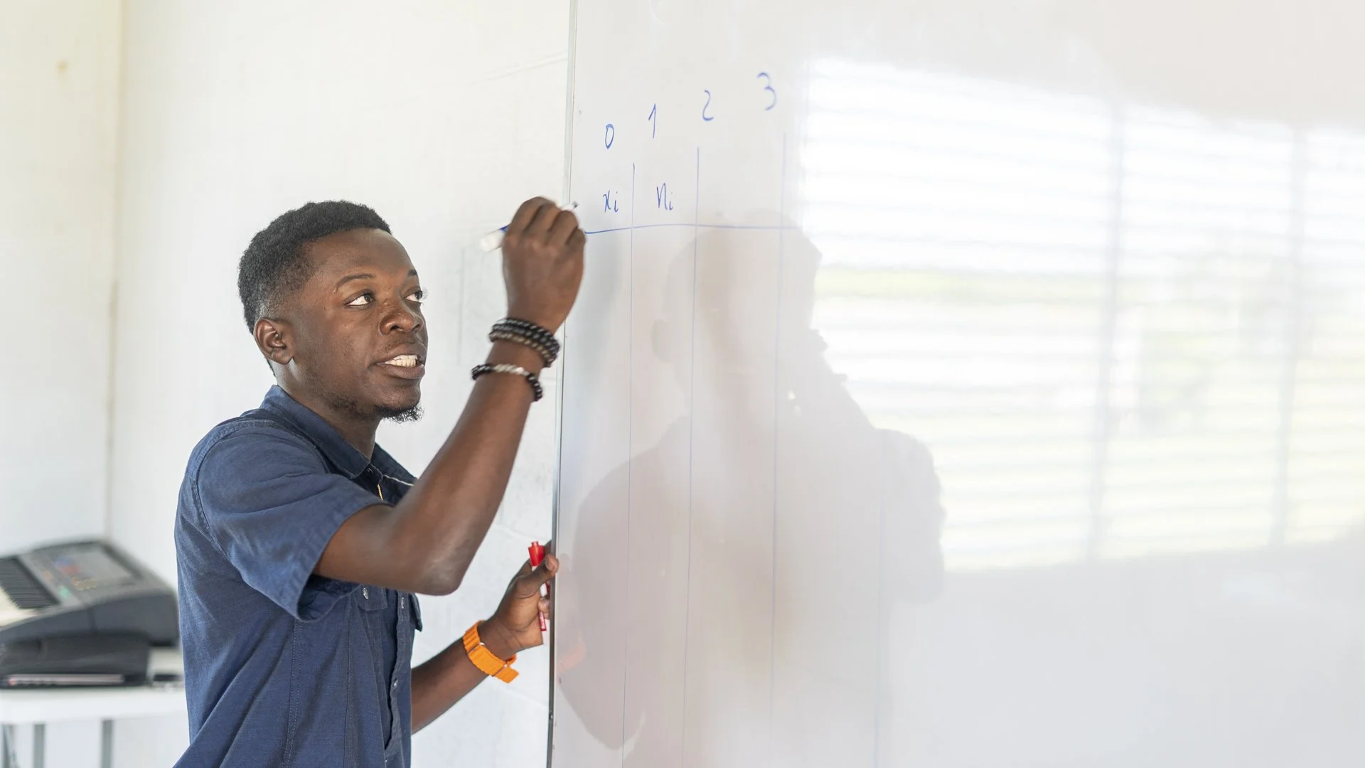 Young Haitian man teaching a class and writing math equations on the white board.