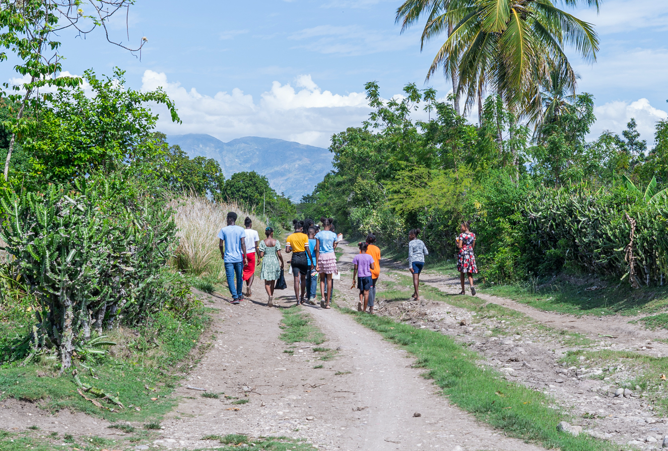 A group of Haitian children walking on a path with palm trees and mountains in the background