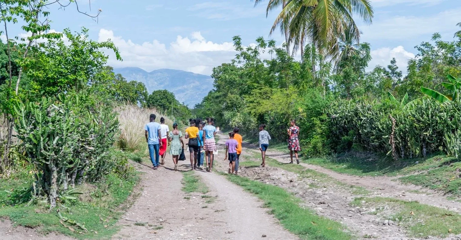 A group of Haitian children walking on a path with palm trees and mountains in the background