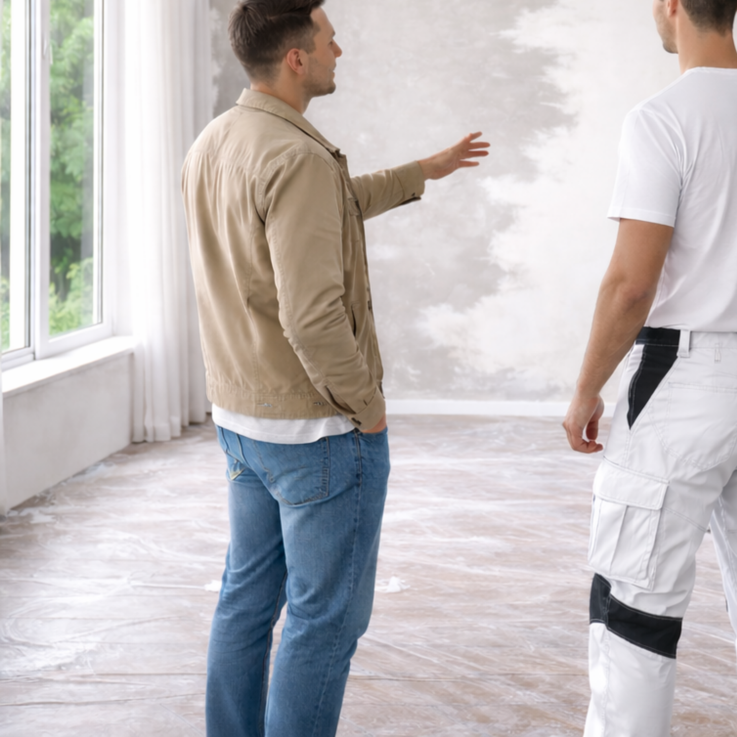 Two men standing in a room with unfinished walls and a large window, engaged in a conversation. One is wearing a beige jacket and jeans, the other is dressed in white work pants and a white T-shirt.