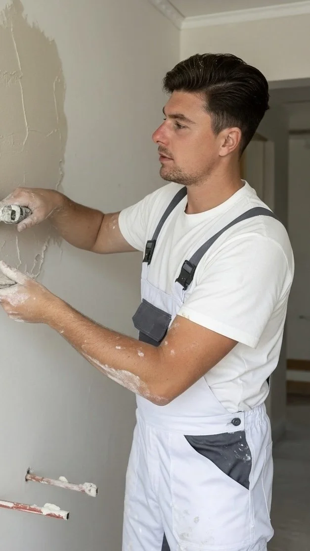 A man with dark hair and a white t-shirt is textured a wall with a trowel, wearing white overalls with black accents and some white paint splashes on his arms.