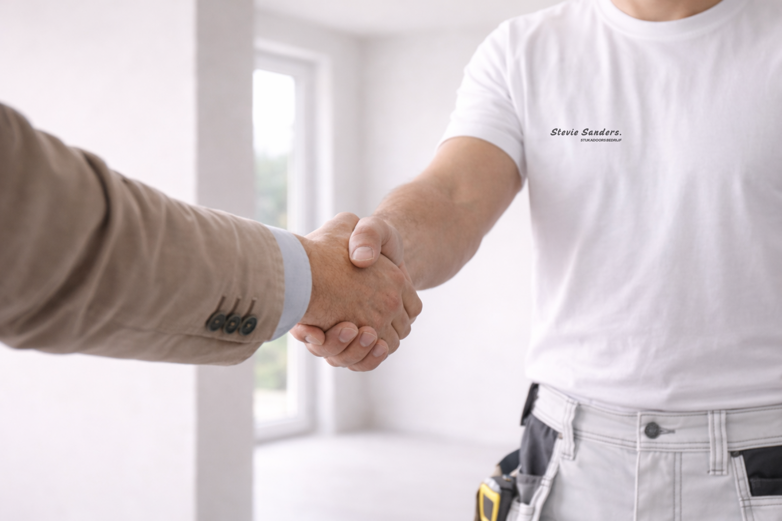 Two people shaking hands, one wearing a beige suit and the other in a white t-shirt with text, in a bright room with large windows.