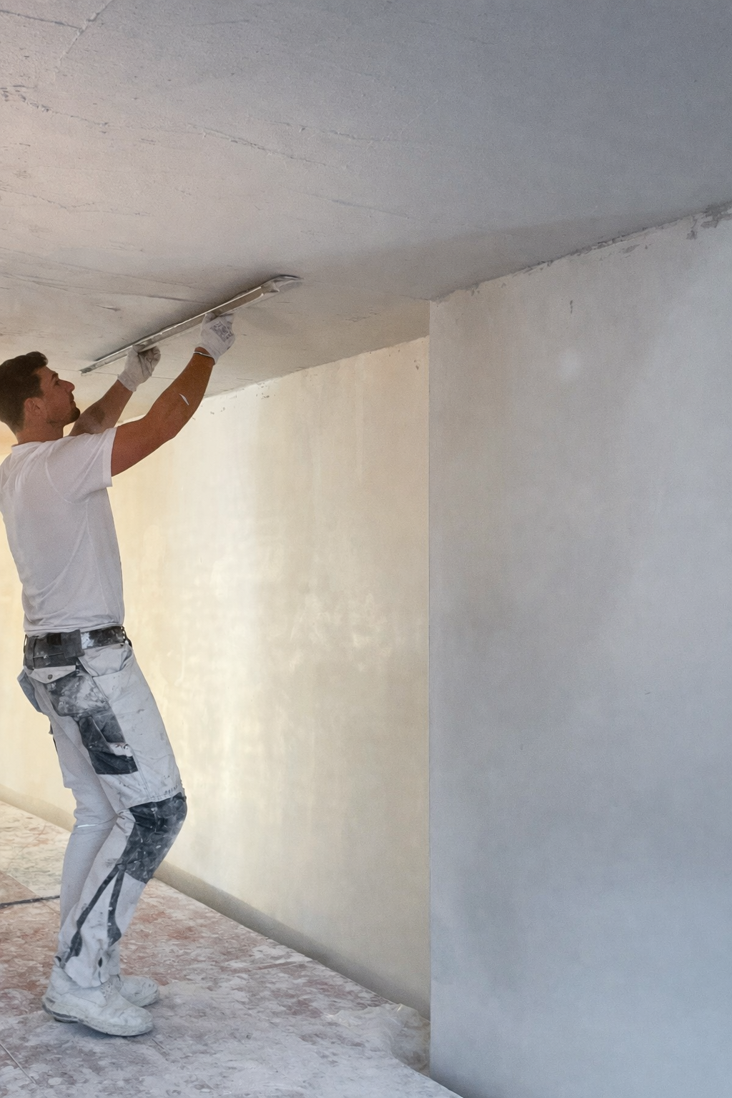 A man wearing white clothes and gloves is applying plaster or paint to a ceiling with a trowel in a room under construction or renovation.