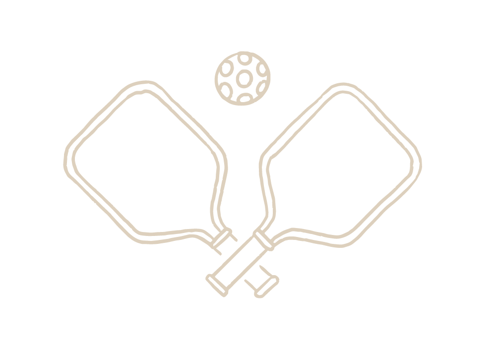 Outline illustration of two ping pong paddles crossed with a ping pong ball above them on a black background.