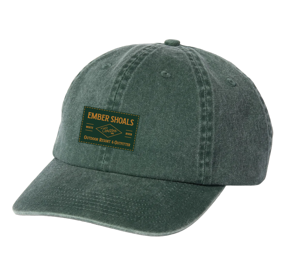 A dark green baseball cap with a patch that reads 'Ember Shoals, White River, Outdoor Resort & Outfitter'.