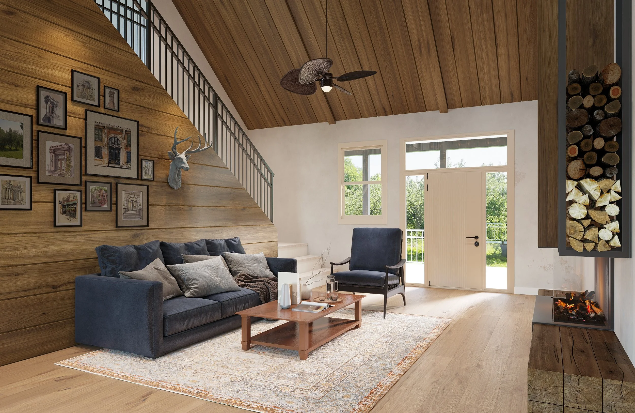 A living room with wooden walls and ceiling, featuring a modern fireplace with stacked logs, a dark blue sofa with cushions, a wooden coffee table, and a black armchair. Framed pictures on the wooden wall and a deer head mount are visible. Large wind