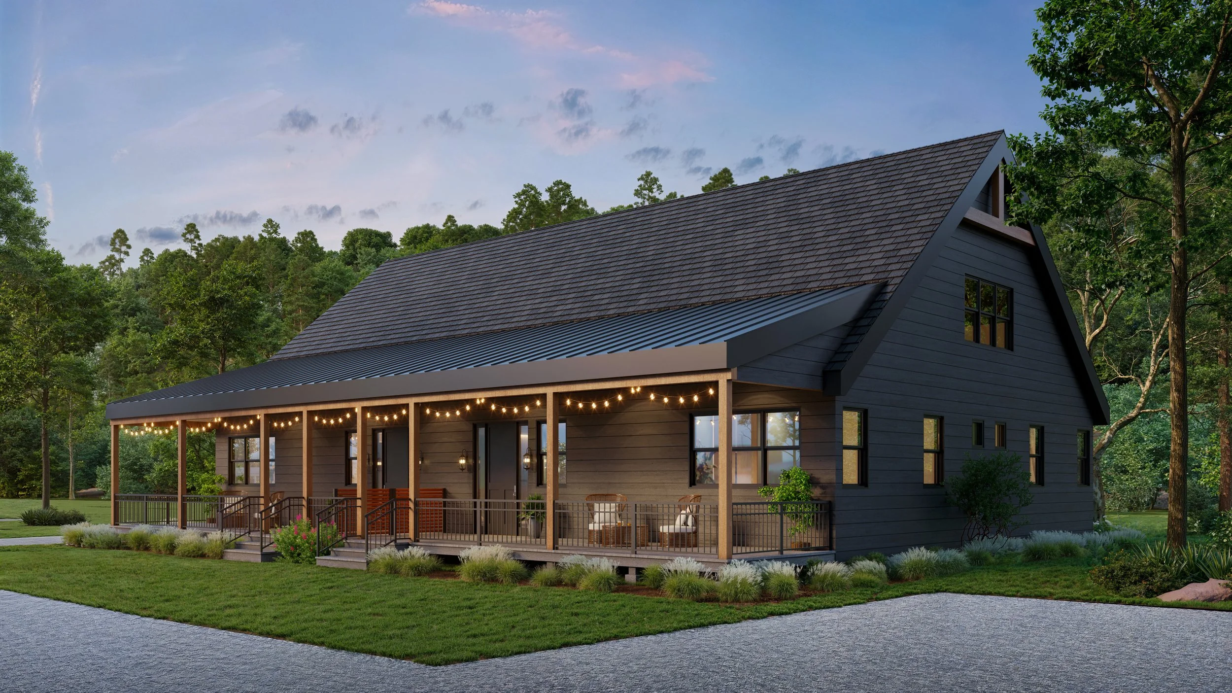 A modern, dark gray house with a steep roof, large windows, and a spacious porch with string lights, surrounded by lush greenery and trees at dusk.