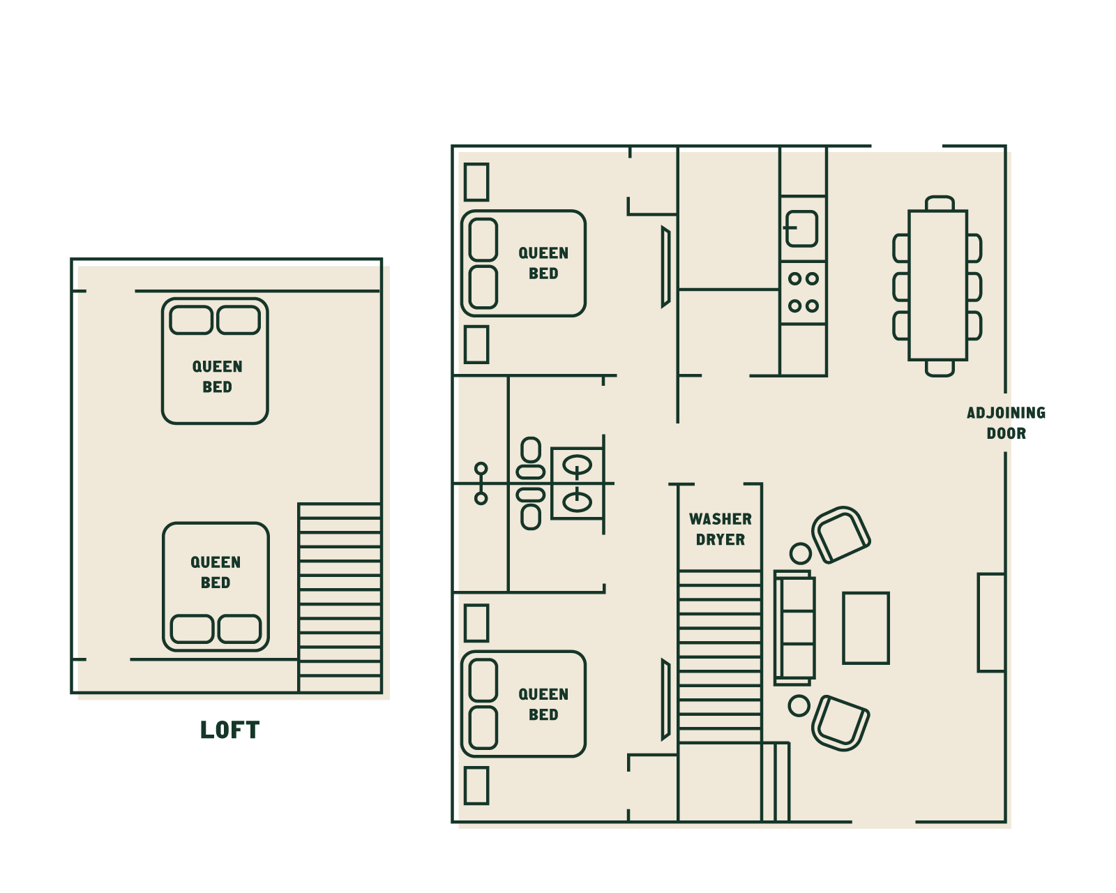 Floor plan with multiple bedrooms, a living room, kitchen, bathroom, laundry area, loft space with two queen beds, and an adjoining door.