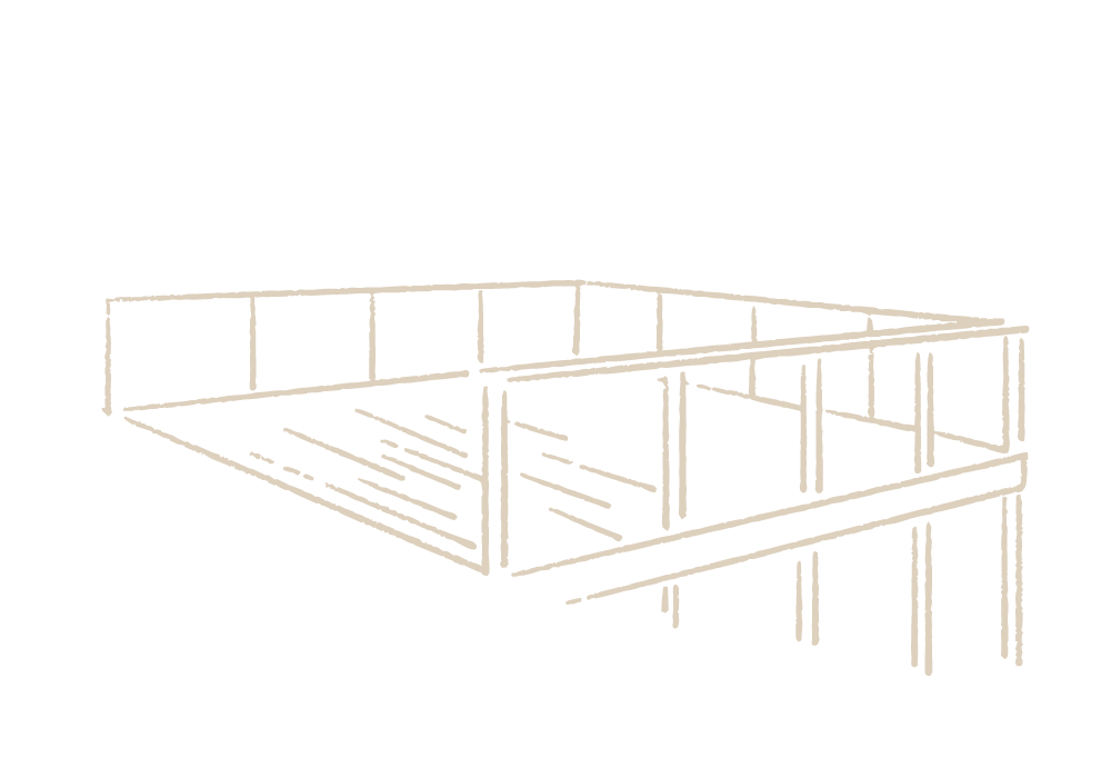 Line drawing of a wooden deck with a railing, supported by vertical posts.