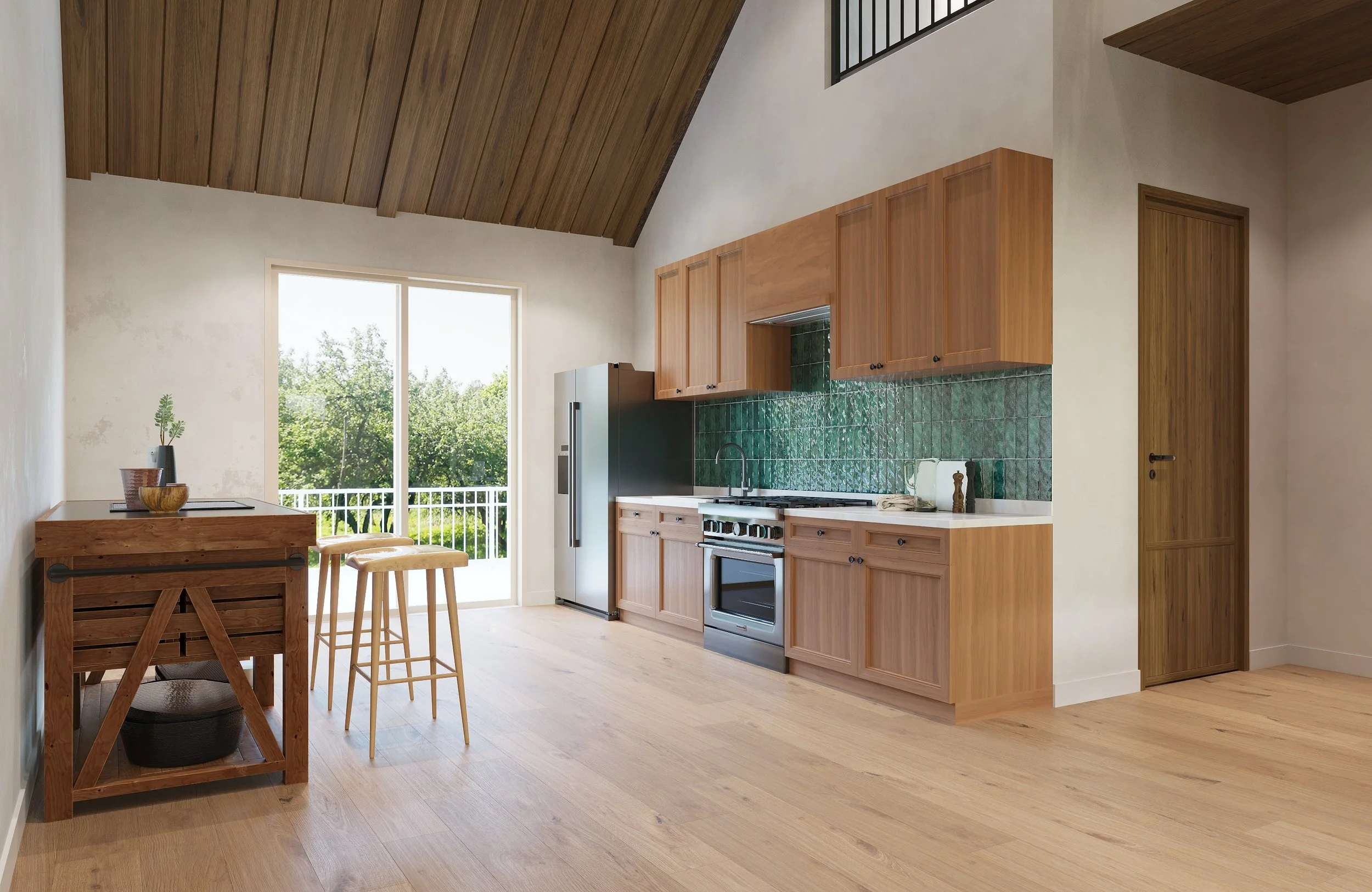 A modern kitchen with wooden cabinets, a green tiled backsplash, and light wood flooring. There is a window with a view of green trees outside, a stainless steel refrigerator, a stove, and a small wooden dining table with two stools. The ceiling has 