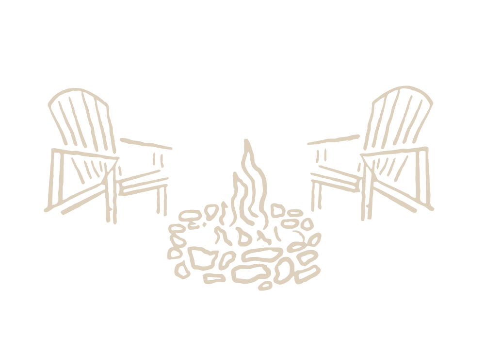 A drawing of two Adirondack chairs facing each other with a campfire in between on a black background.
