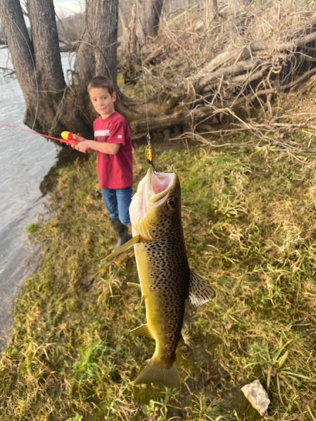 A young girl fishing by a riverbank holds a fishing rod, with a large fish caught on the line hanging in front of her.