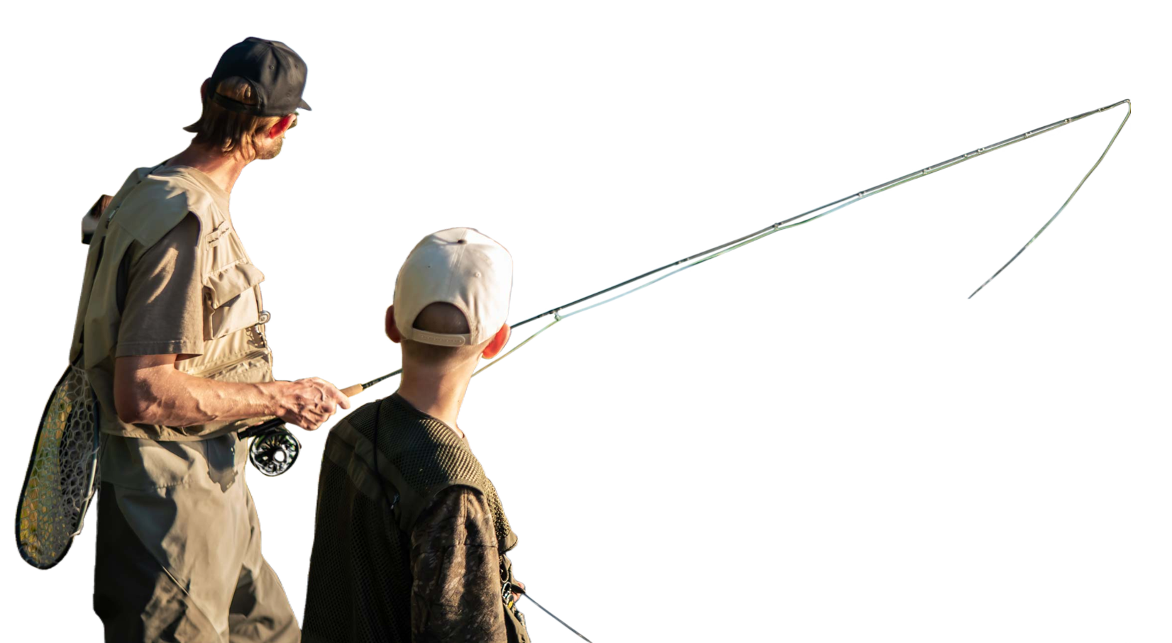 An elderly woman and a young boy fishing with a rod on a boat, both wearing caps.