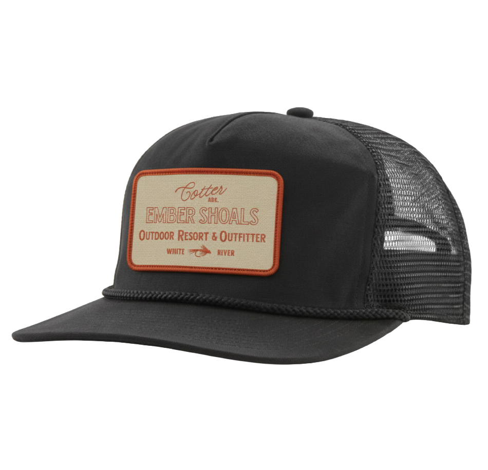 Black trucker cap with orange and beige embroidered patch reading 'Cotta AFL EMBER SHOALS OUTDOOR RESORT & OUTFITTER WHITE RIVER'