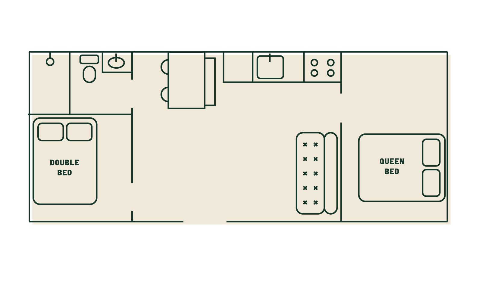 Floor plan of a one-bedroom apartment with two bedrooms, a kitchen, a bathroom, and a living area.