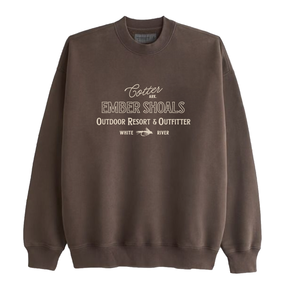 Brown sweatshirt with white text and graphics promoting Ember Shoals outdoor resort and outfitter in Cotter, Arkansas.