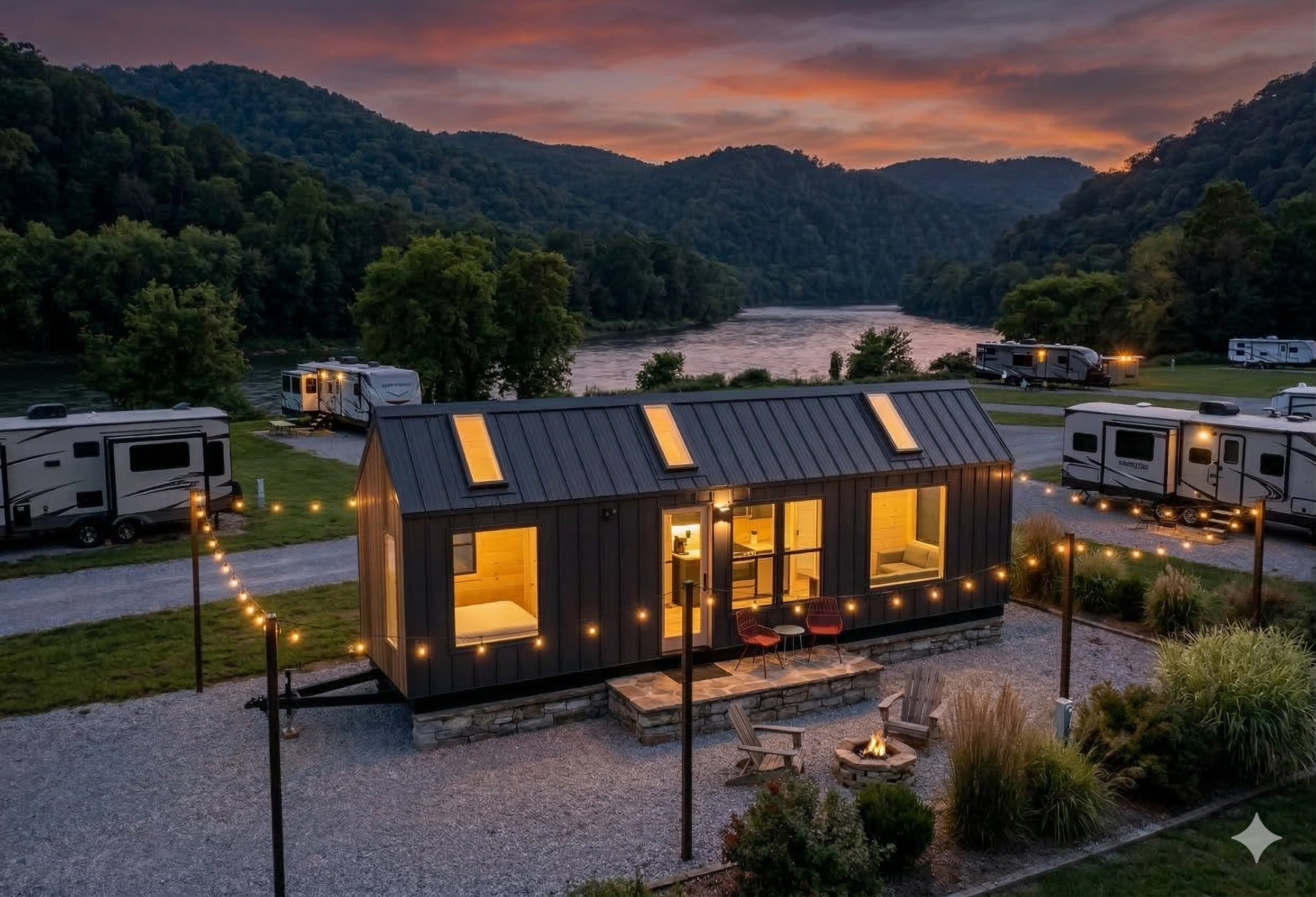 Modern park model cabins along the White River