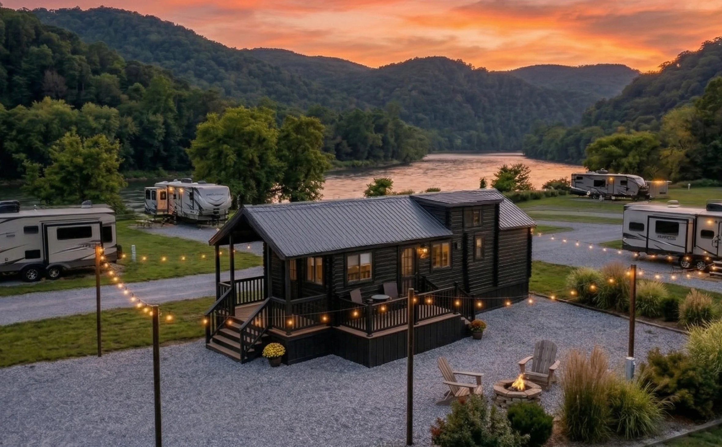 Modern park model cabins along the White River