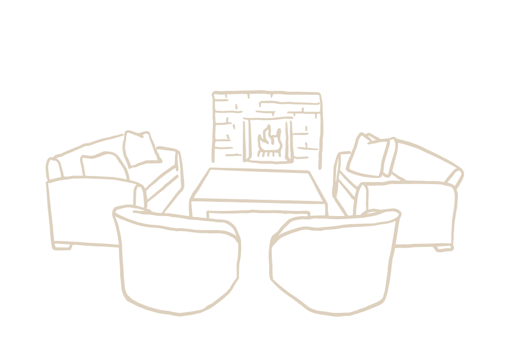 Line drawing of a cozy living room with two armchairs, two sofas, a coffee table, and a fireplace