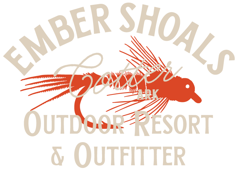 Logo for the Ember Shoals Goider Outdoor Resort & Outfitter featuring a red fishing lure and stylized text.