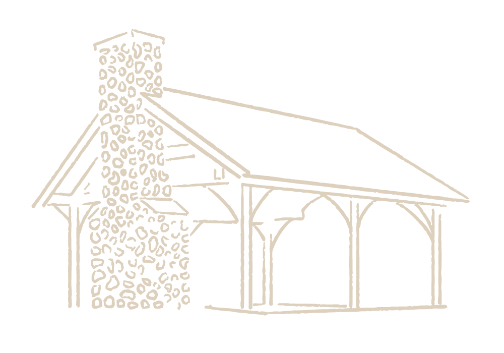 Line drawing of a house with a steep roof, a chimney, and an open porch supported by arched beams.