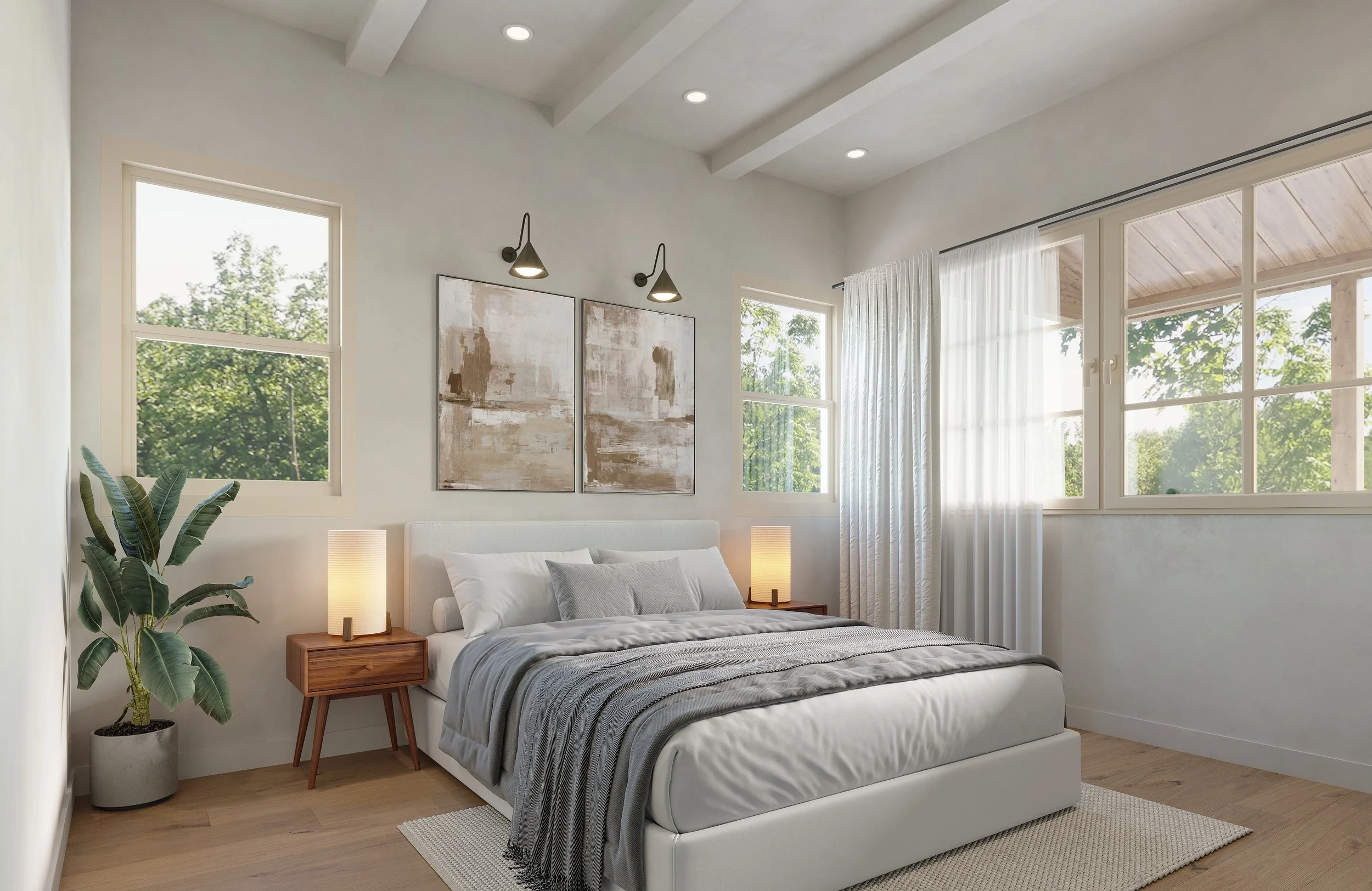 A modern bedroom with large windows, white walls, and minimalist decor. There are two abstract paintings above the bed, nightstands with lamps, a white bed with gray and white bedding, and a large potted plant in the corner.