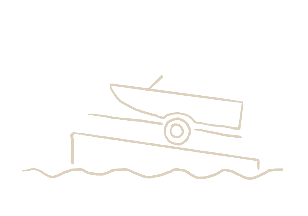 Simple diagram of a boat on a trailer, partially in water, for transport.