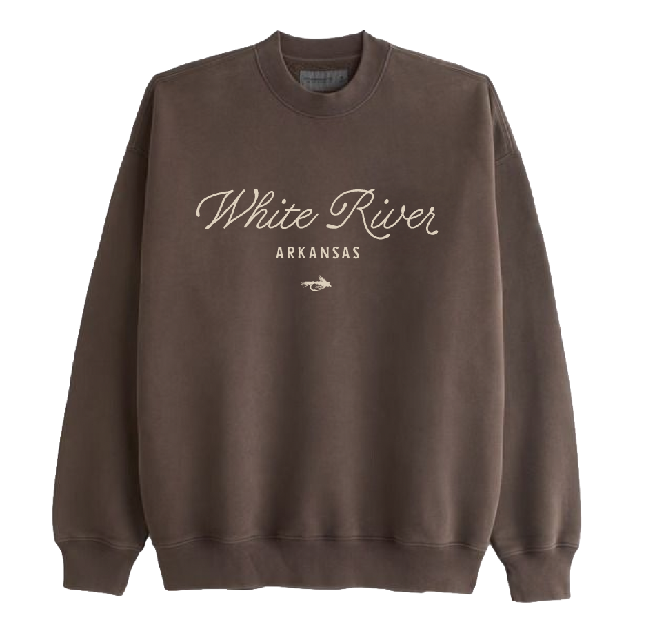 Brown sweatshirt with white text reading 'White River Arkansas' and a small fish illustration.
