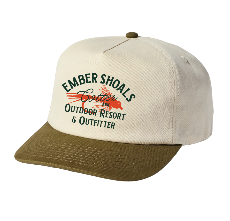 A baseball cap with a beige crown, brown brim, and logo for Ember Shoals Outdoor Resort & Outfitter, featuring a green text and a red fish graphic.