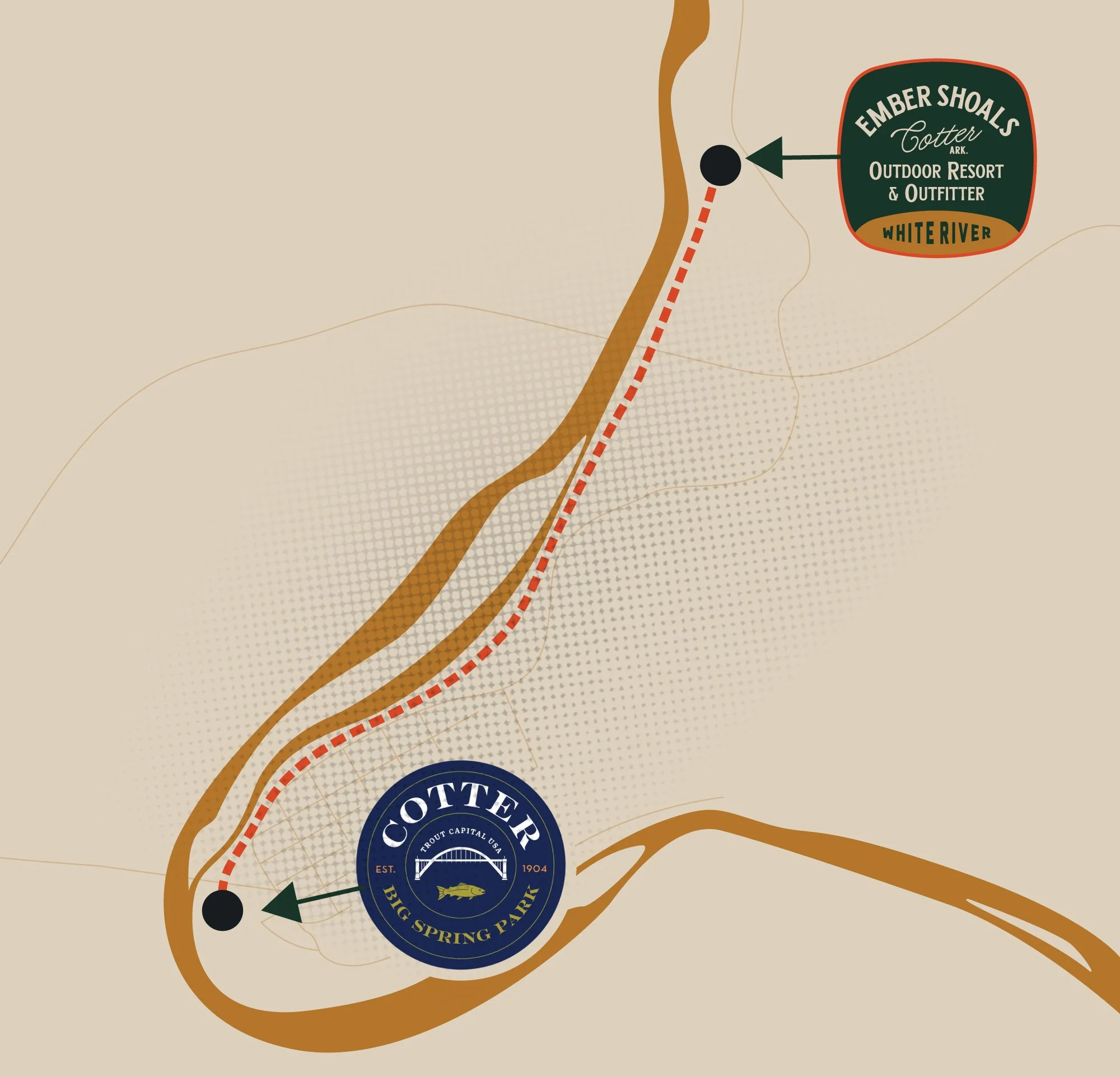 Map showing the location of Ember Shoals Cotter Arkansas and Big Spring Park at Cotter, with icons indicating campgrounds, a trout cap center, and suggested routes.