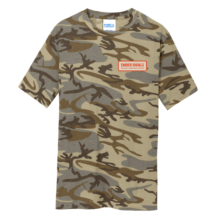 Camouflage pattern T-shirt with a red and white embroidered patch that reads "Ember Shoals" and a label that says "Port & Company"