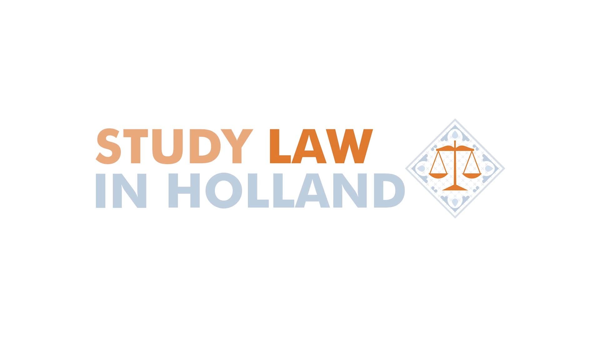 Text reads 'STUDY LAW IN HOLLAND' with a balanced scales icon next to it.
