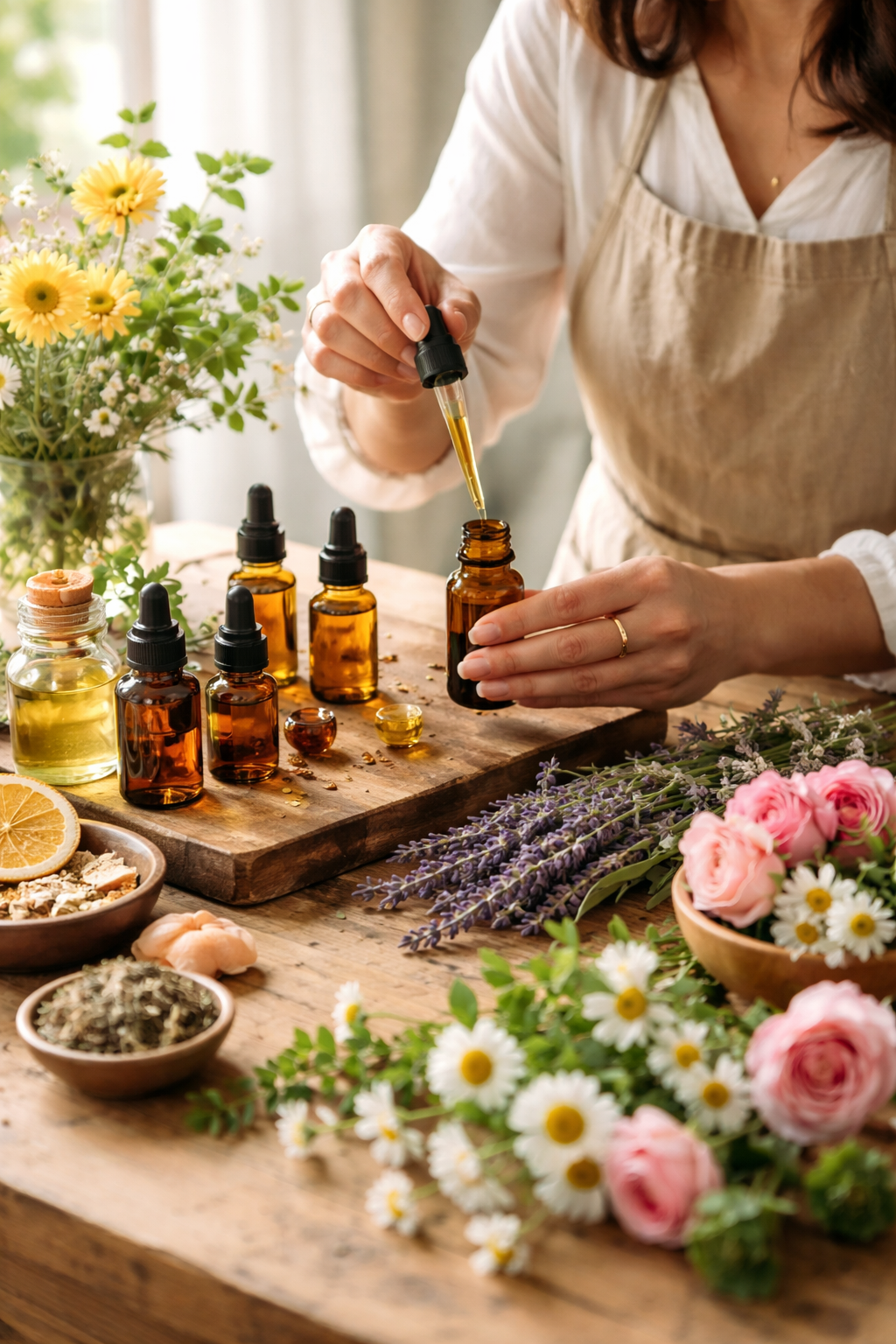 A woman using a dropper to transfer essential oils into a small amber glass bottle, surrounded by various essential oils, fresh flowers, dried herbs, lemon slices, and a vase with yellow and white flowers on a wooden table.